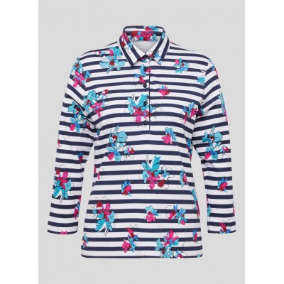 Rabe - 53-113353 Polo wit blauw streep met bloemen.